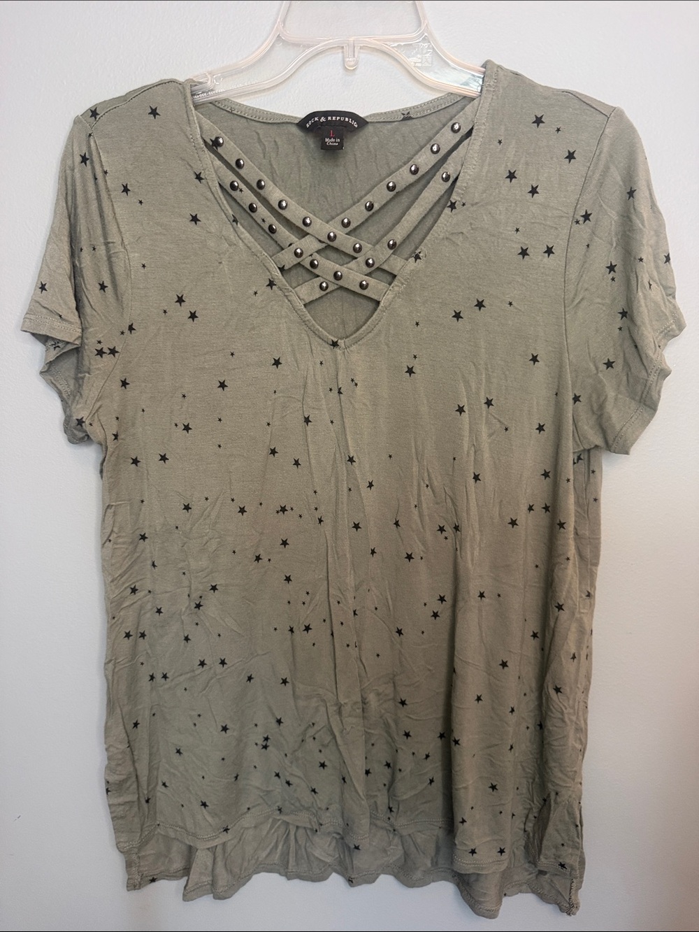 Rock & Republic Olive Green Star Print Crisscross Stud V-Neck Tee
